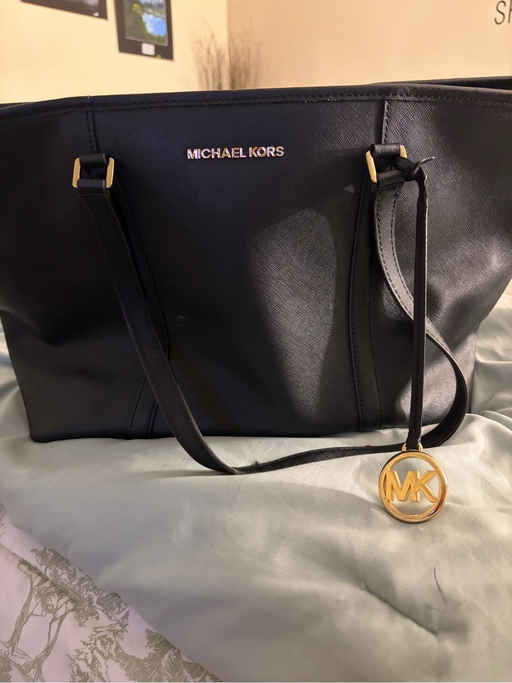 Michael Kors Black Saffiano Shoulder Tote with Gold MK Charm